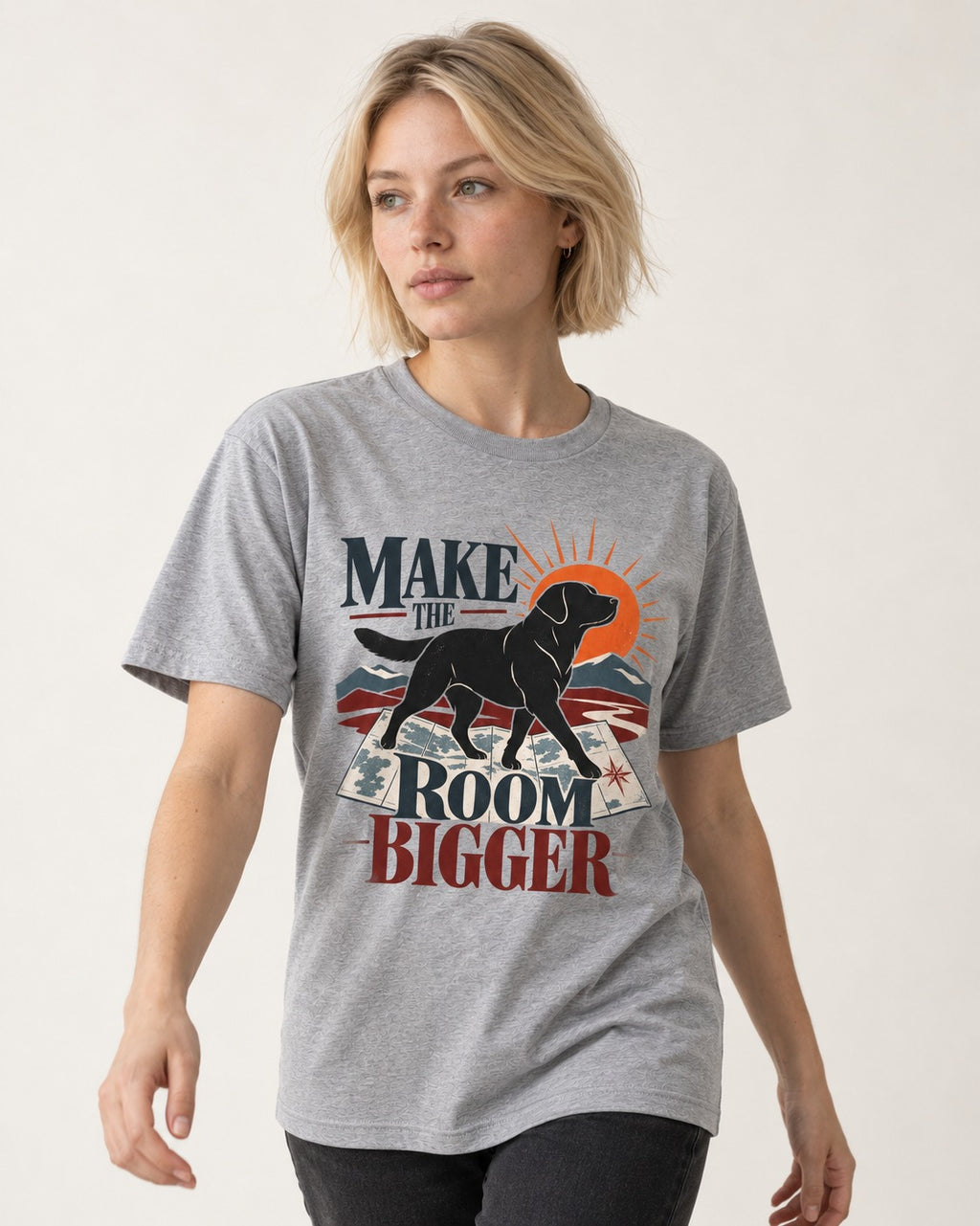 Make the Room Bigger Labrador Retriever T-Shirt in Sport Grey, worn by a model