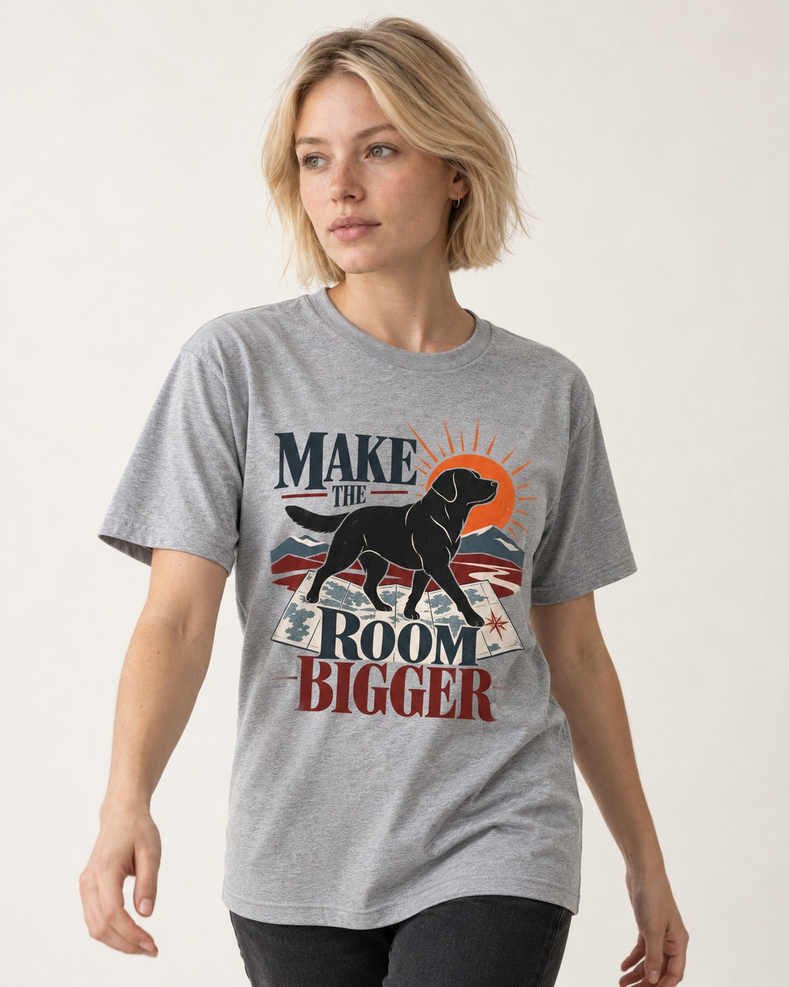 Make the Room Bigger Labrador Retriever T-Shirt in Sport Grey, worn by a model