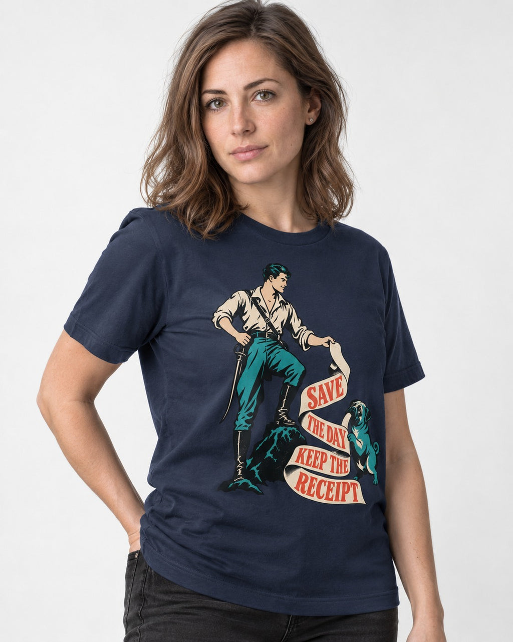 Pug Save the Day Keep the Receipt Hero Graphic T-Shirt in Navy, worn by a model