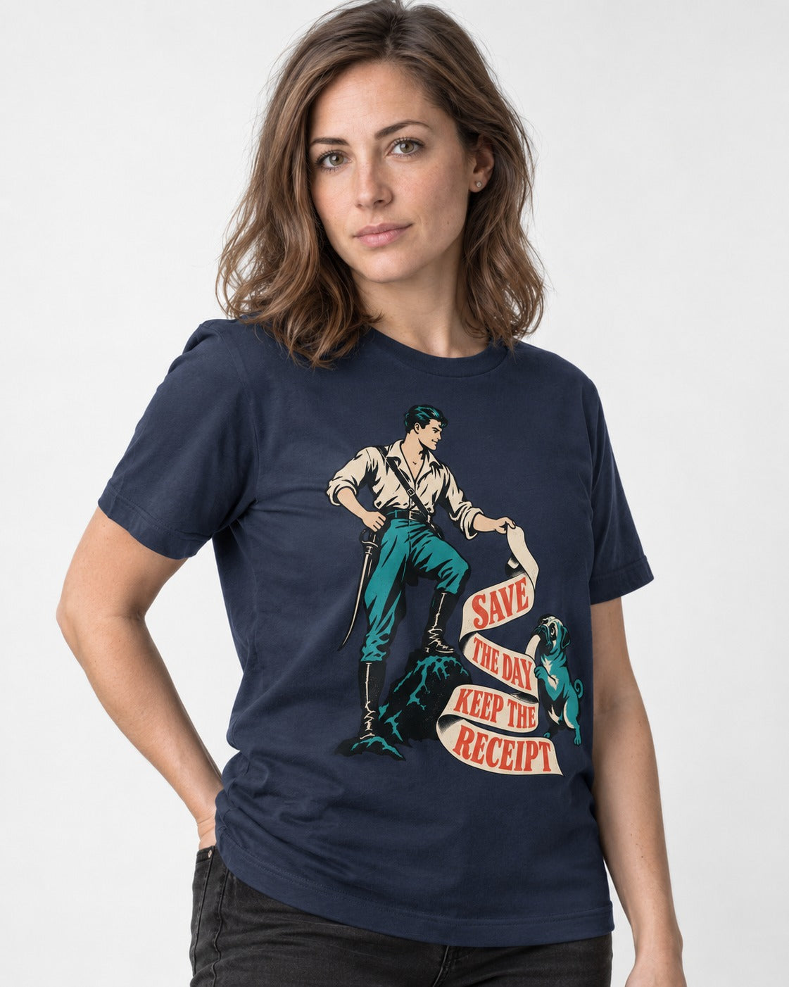 Pug Save the Day Keep the Receipt Hero Graphic T-Shirt in Navy, worn by a model