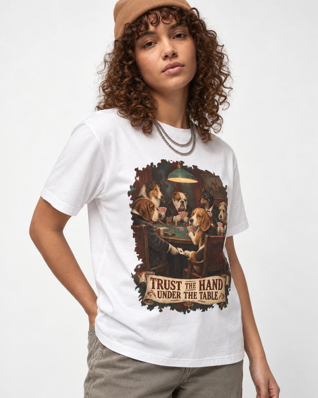 Trust The Hand Under The Table Beagle Poker Night T-Shirt in White, worn by a model