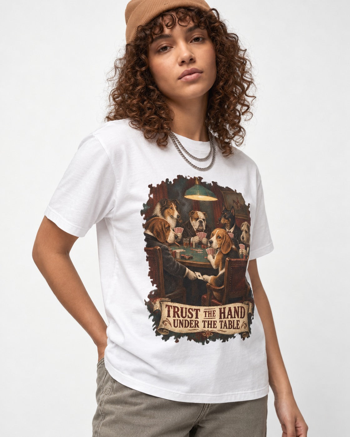 Trust The Hand Under The Table Beagle Poker Night T-Shirt in White, worn by a model