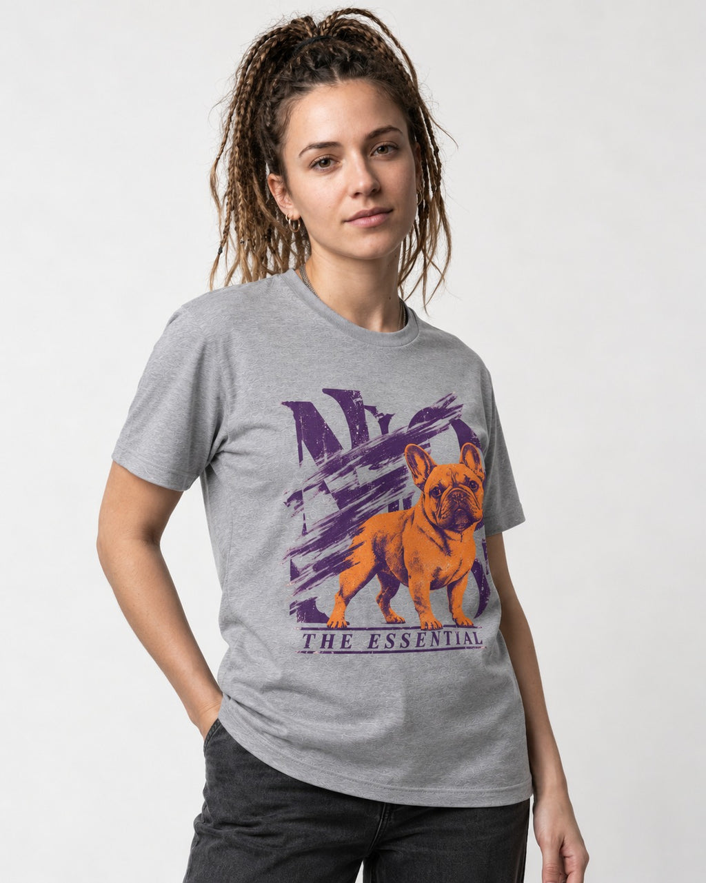 The Essential Frenchie T-Shirt in Sport Grey, worn by a model