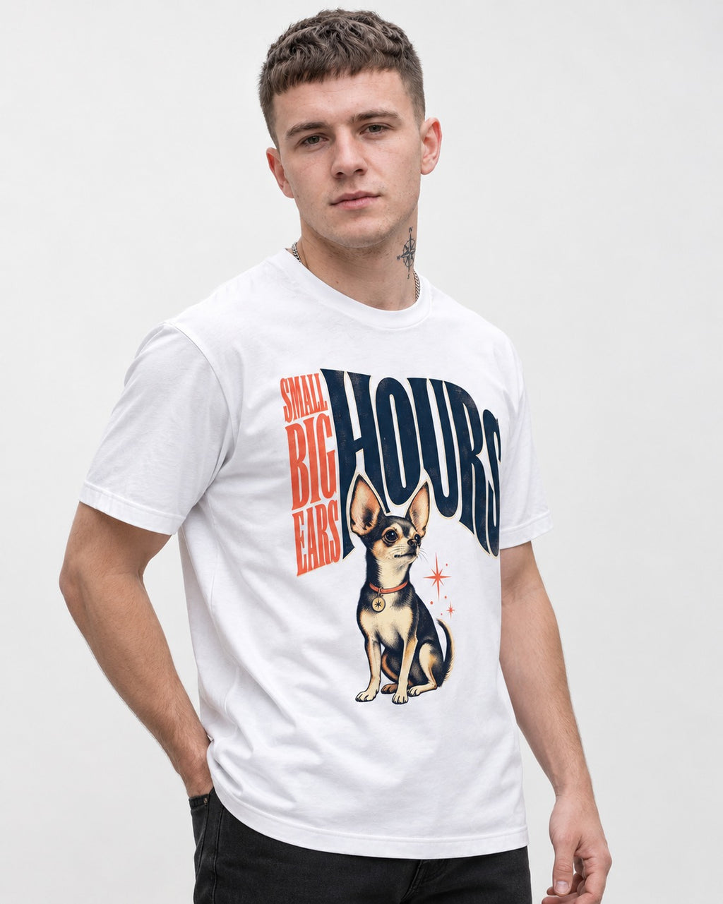 Chihuahua Small Big Ears Hours T-Shirt in White, worn by a model