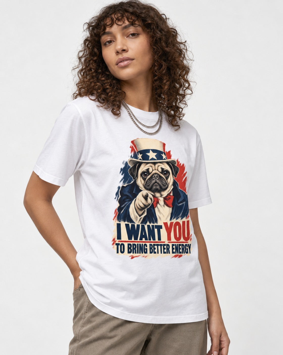 Pug I Want You to Bring Better Energy Uncle Sam Graphic T-Shirt in White, worn by a model