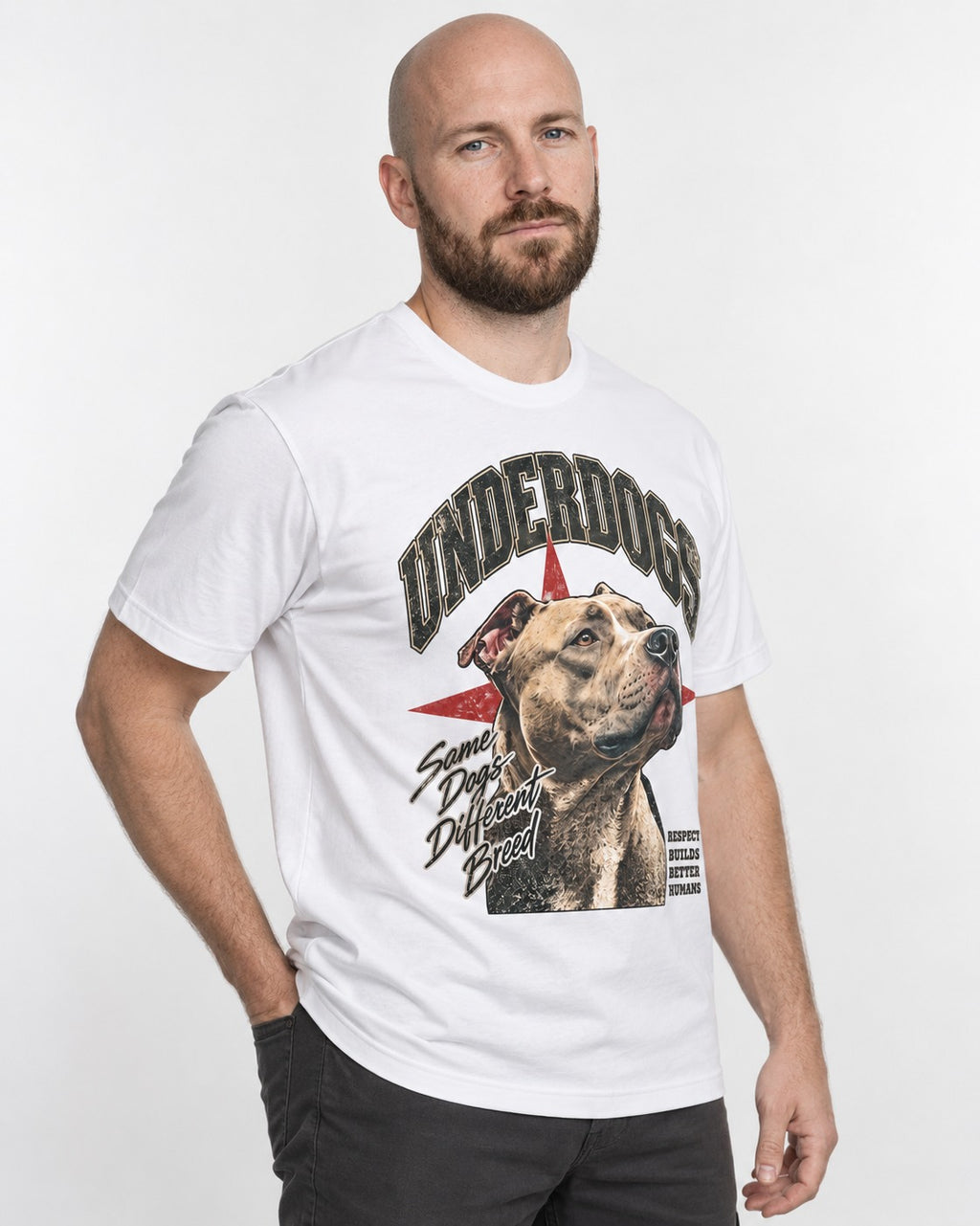 Pitbull Underdogs Same Dogs Different Breed Portrait Graphic T-Shirt in White, worn by a model