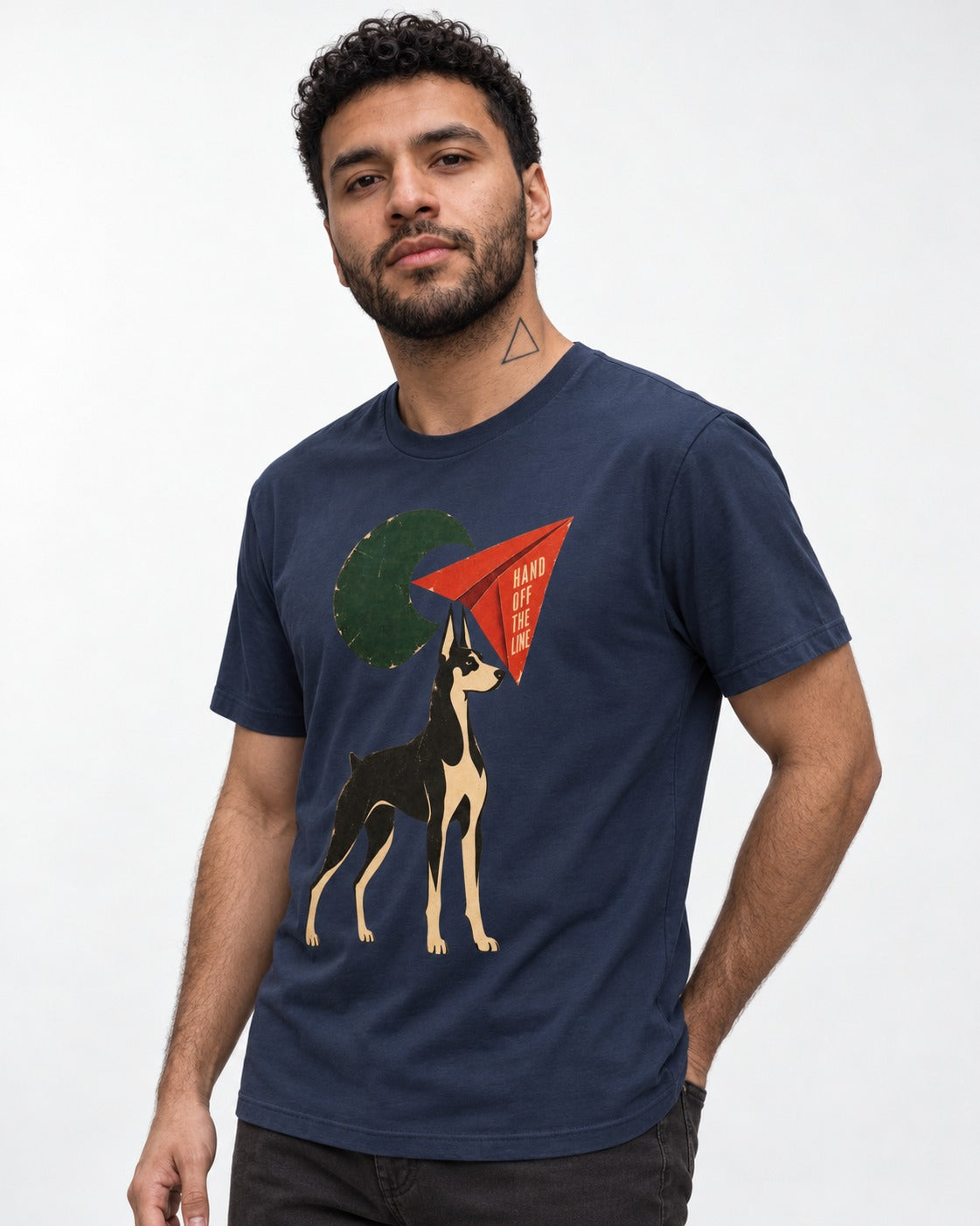 Doberman Hand Off the Line Paper Plane Graphic T-Shirt in Navy, worn by a model