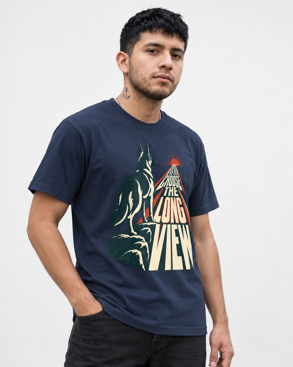 Choose the Long View Sunrise German Shepherd Dog Graphic T-Shirt in Navy, worn by a model