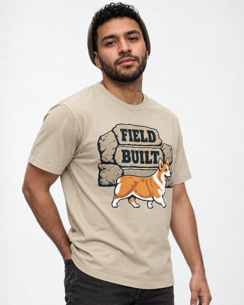 Field Built Corgi T-Shirt in Sand, worn by a model