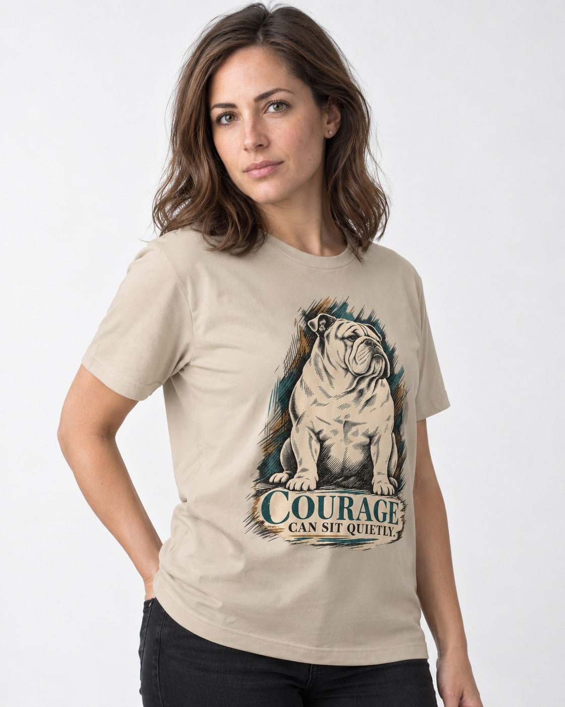 English Bulldog Courage Can Sit Quietly T-Shirt in Sand, worn by a model