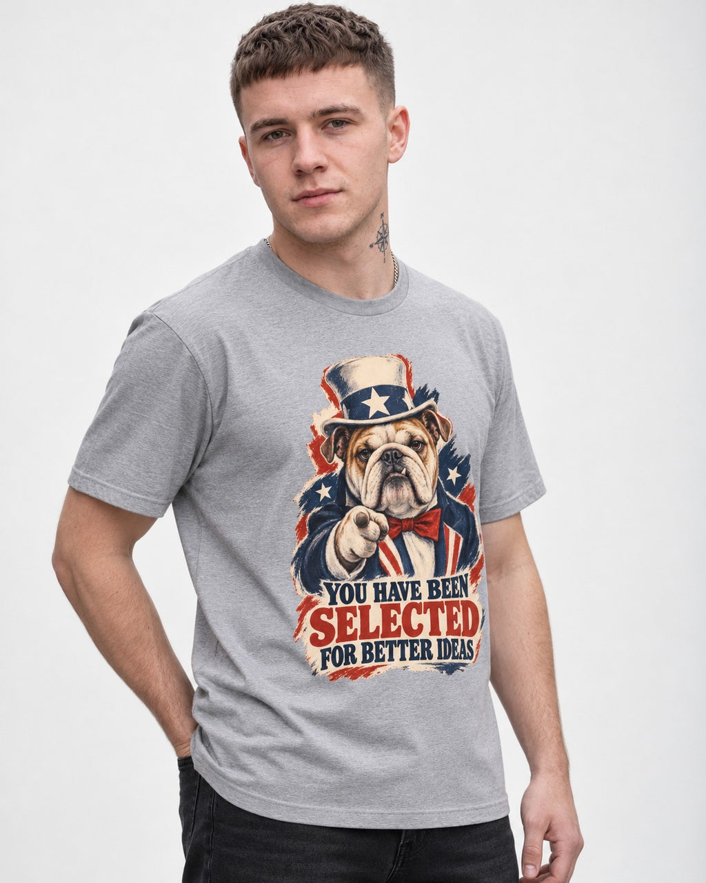 English Bulldog Selected for Better Ideas T-Shirt in Sport Grey, worn by a model