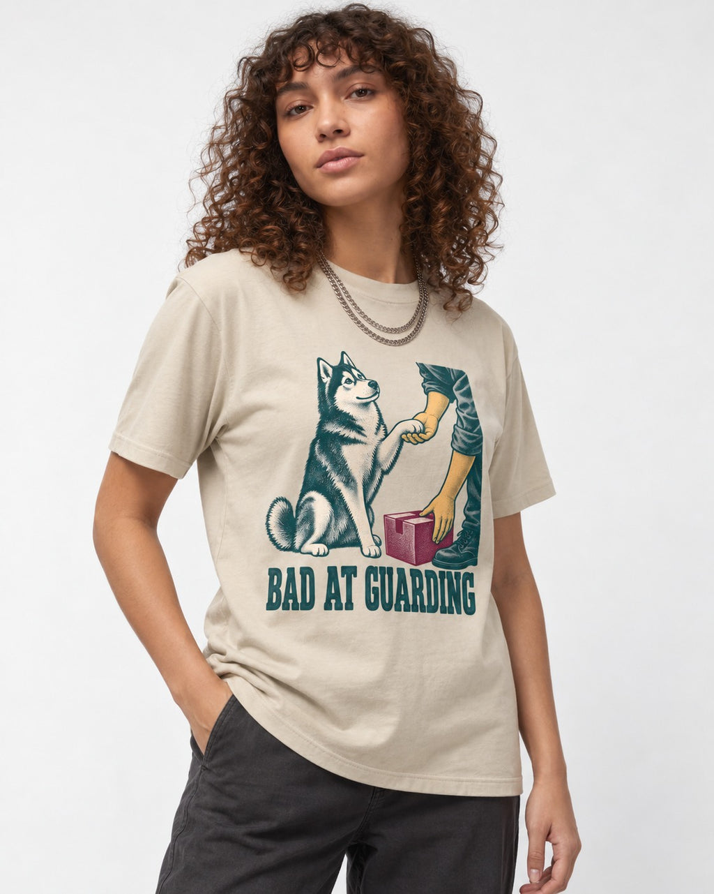 Husky's Bad at Guarding T-Shirt in Sand, worn by a model
