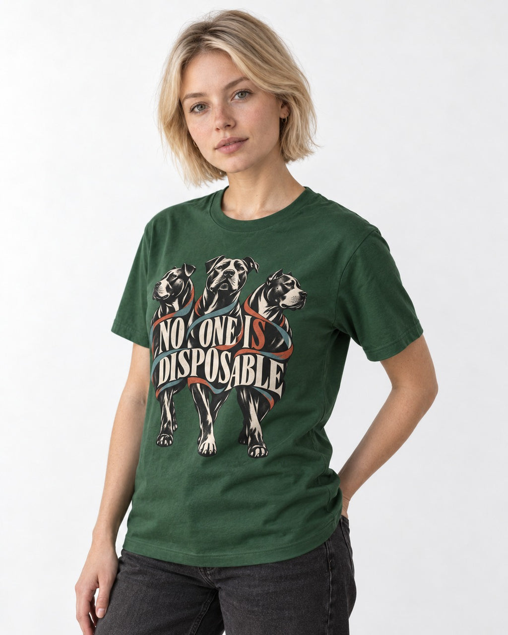 Pitbull No One Is Disposable Three Dogs Graphic T-Shirt in Forest Green, worn by a model