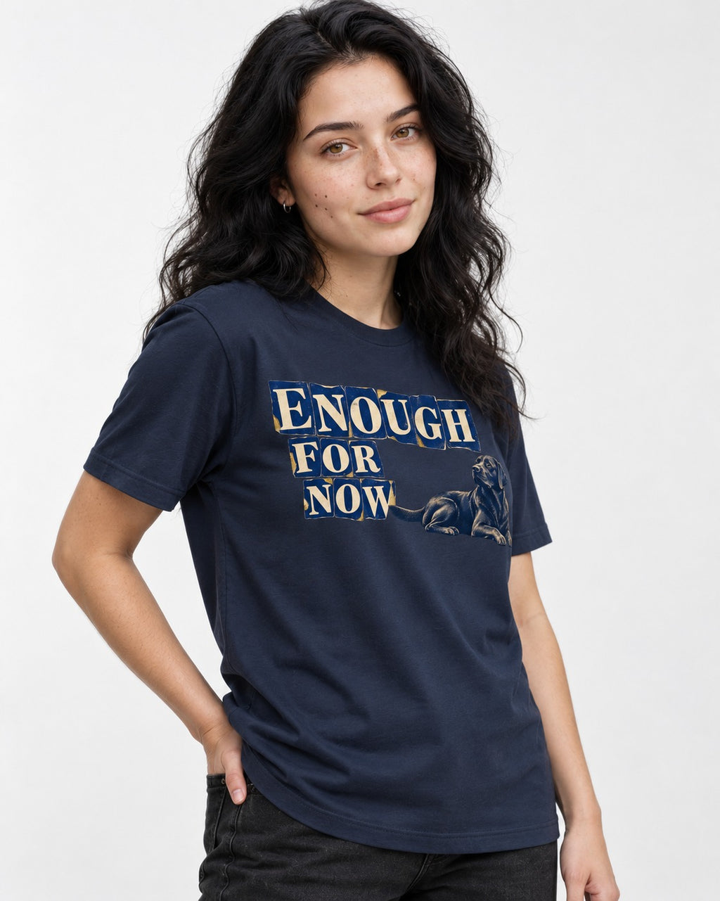 Labrador Retriever Enough for Now Reclining Graphic T-Shirt in Navy, worn by a model