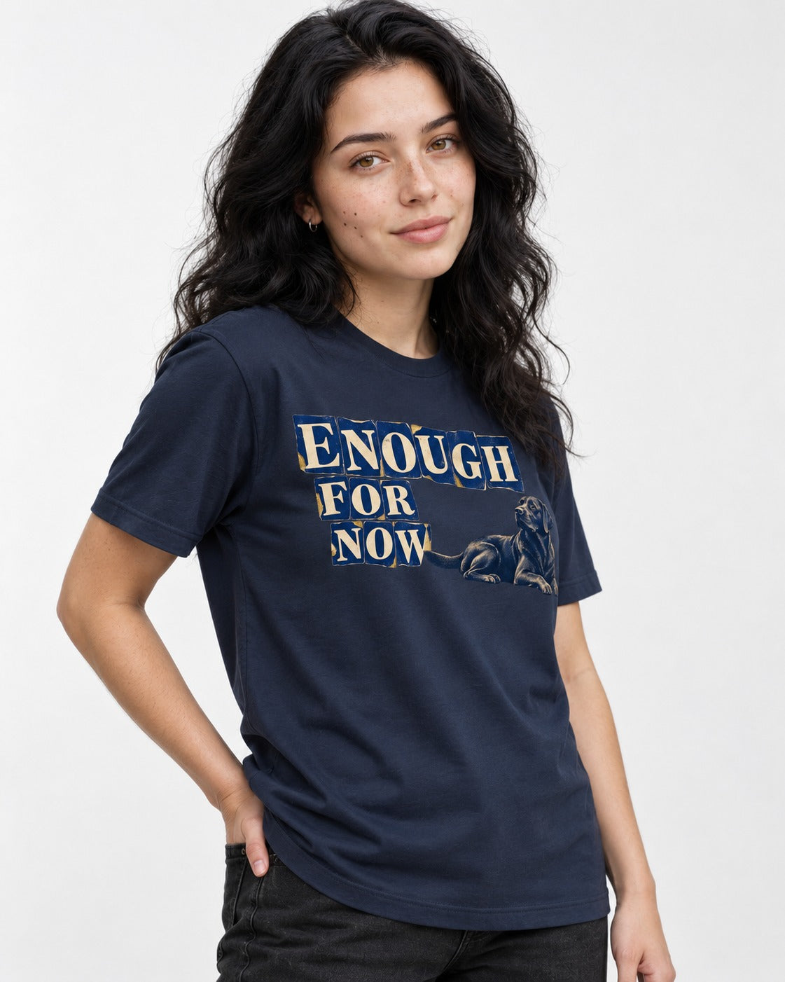 Labrador Retriever Enough for Now Reclining Graphic T-Shirt in Navy, worn by a model