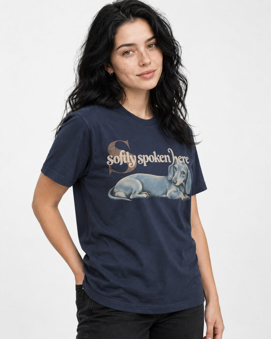 Dachshund Softly Spoken Here Reclining Portrait Graphic T-Shirt in Navy, worn by a model