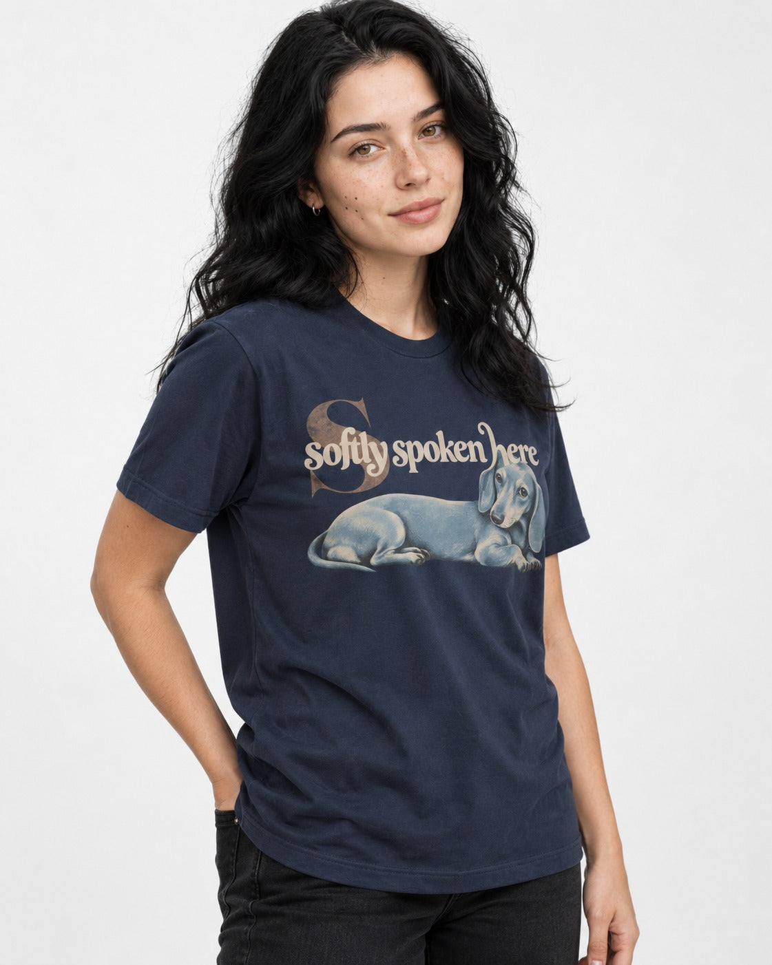 Dachshund Softly Spoken Here Reclining Portrait Graphic T-Shirt in Navy, worn by a model