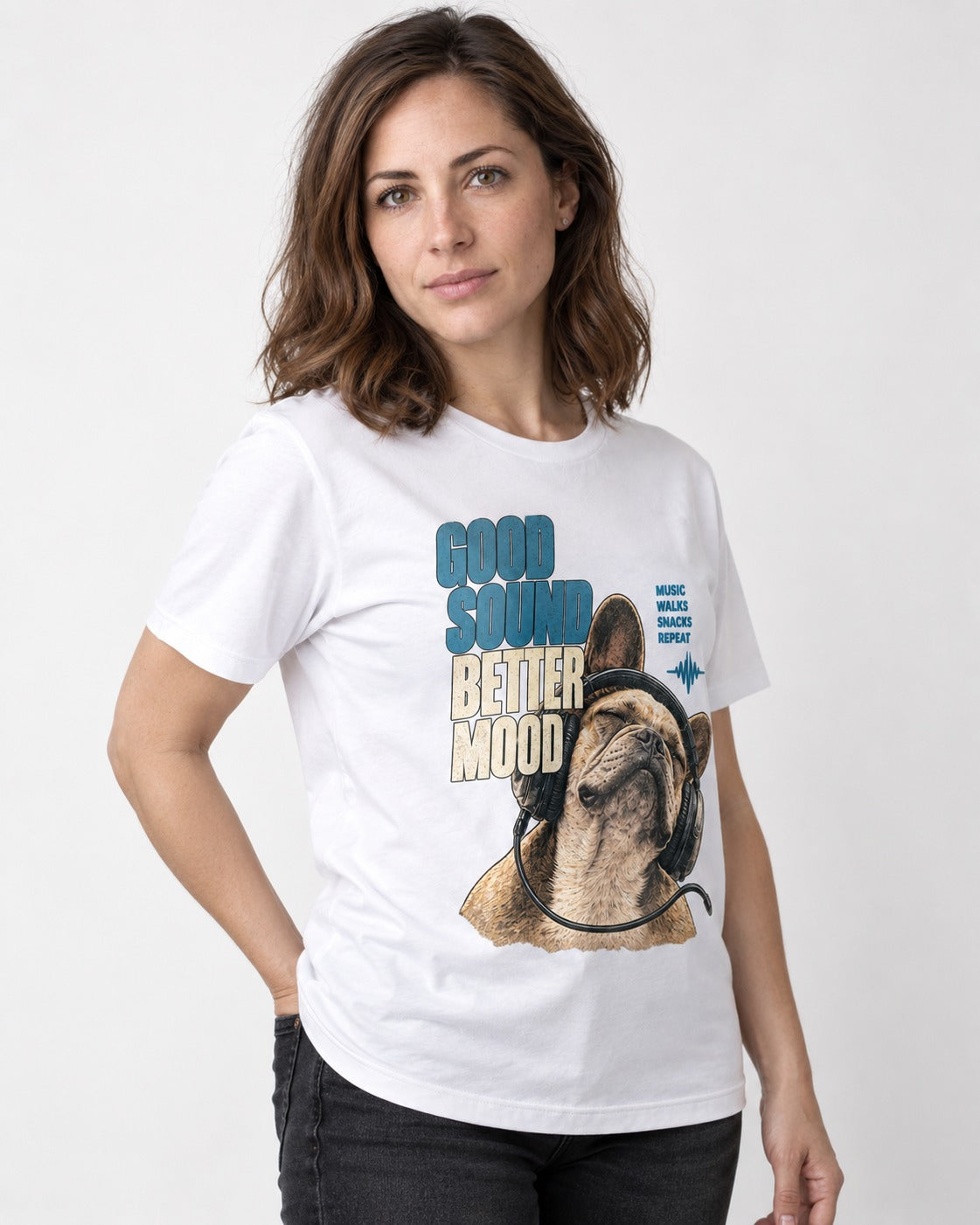 Frenchie Good Sound Better Mood Headphones Graphic T-Shirt in White, worn by a model