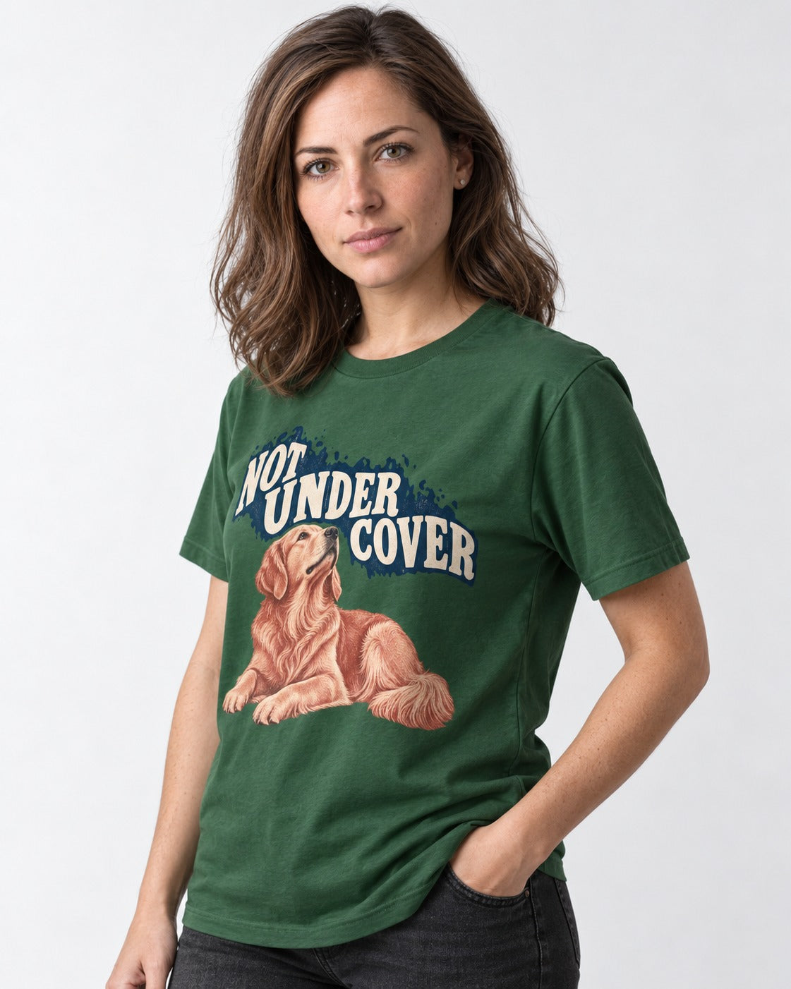 Not Under Cover Reclining Golden Retriever Graphic T-Shirt in Forest Green, worn by a model