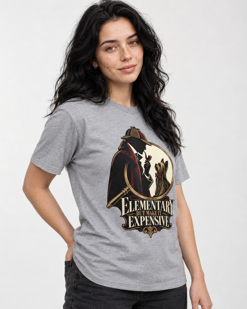 Elementary but Expensive Yorkshire Terrier T-Shirt in Sport Grey, worn by a model