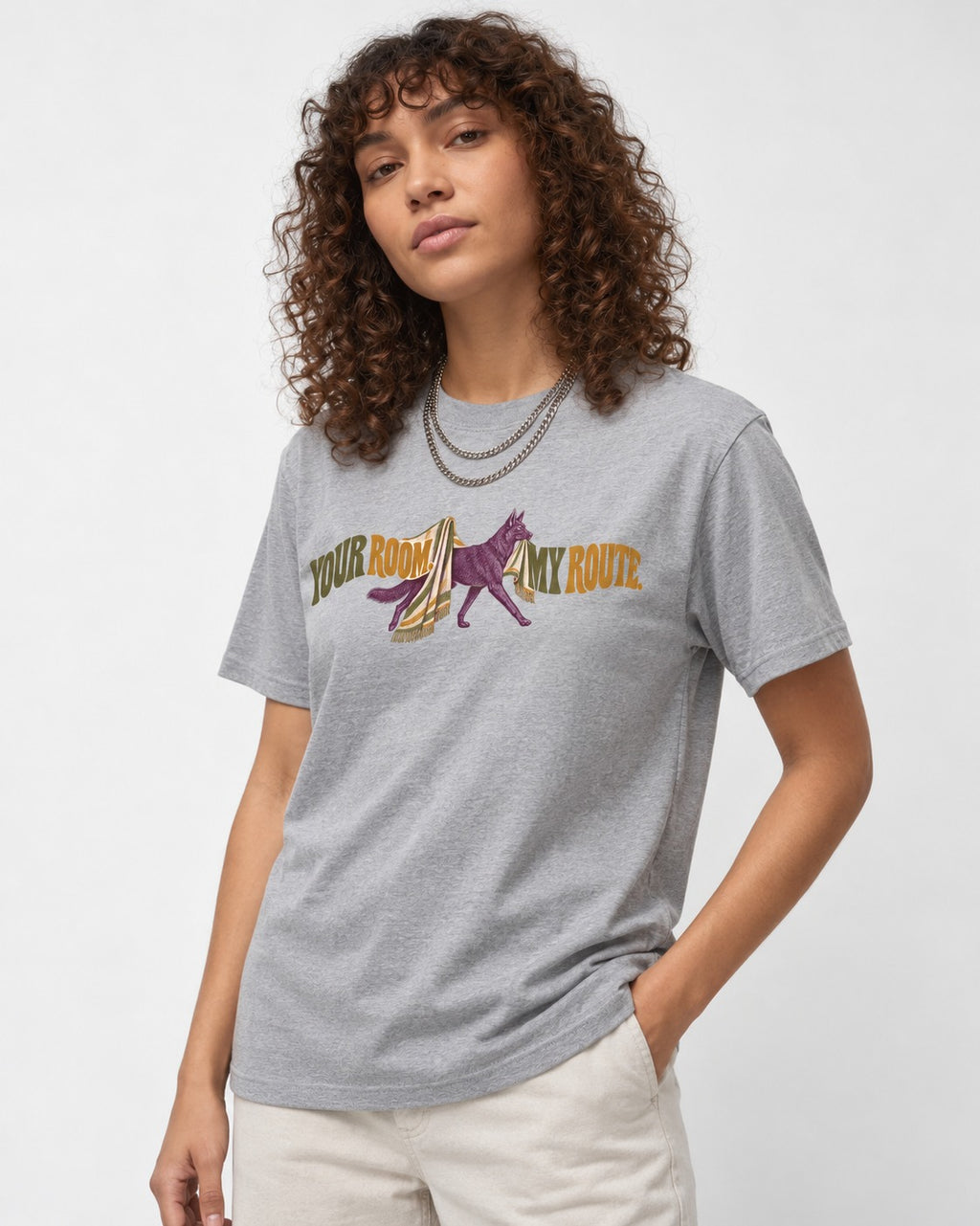 Your Room My Route German Shepherd Dog T-Shirt in Sport Grey, worn by a model