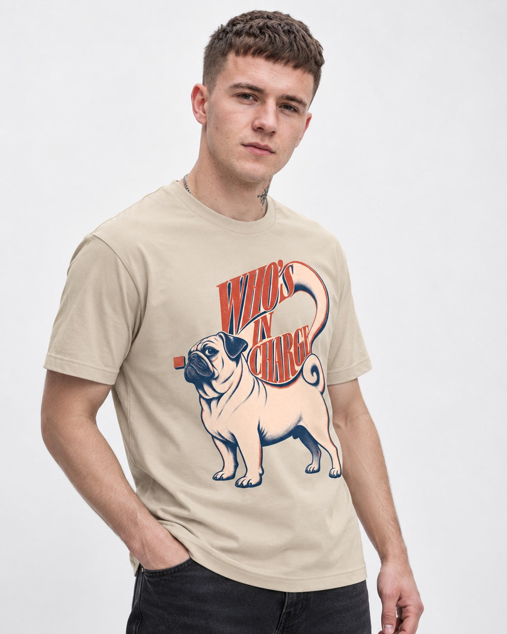 Pug In Charge T-Shirt in Sand, worn by a model