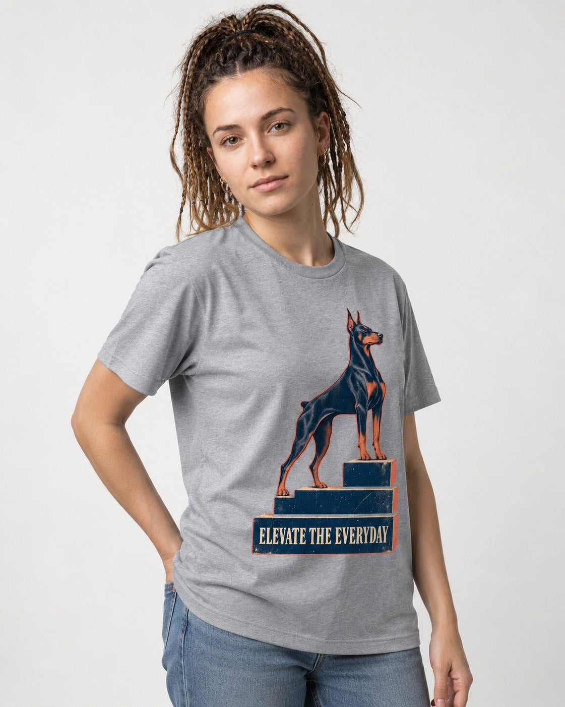 Doberman Elevate the Everyday Podium Graphic T-Shirt in Sport Grey, worn by a model