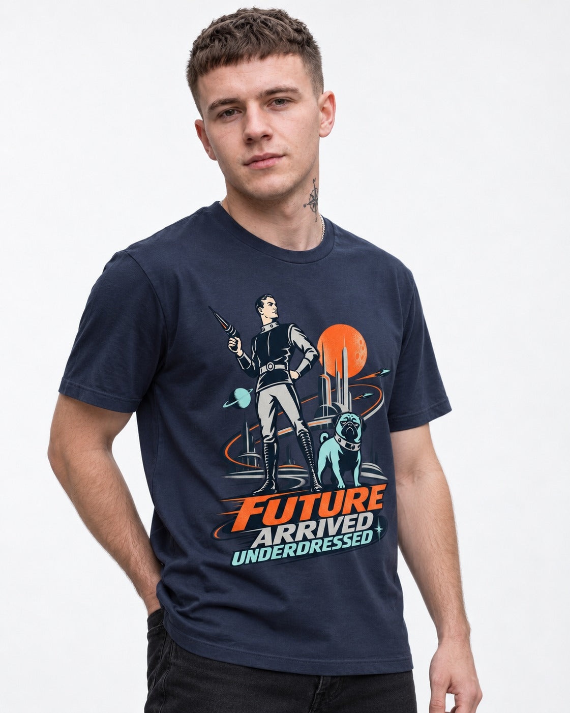 Pug Future Arrived Underdressed Space Hero Graphic T-Shirt in Navy, worn by a model