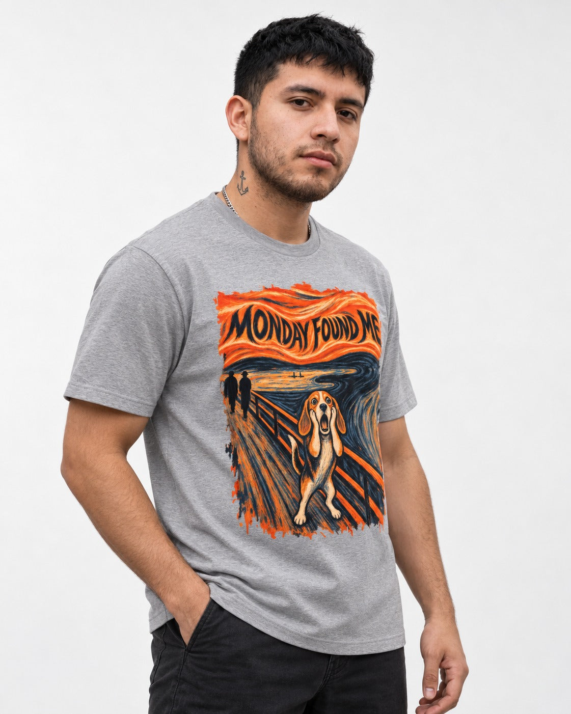 Monday Found Me Beagle Scream Scene T-Shirt in Sport Grey, worn by a model