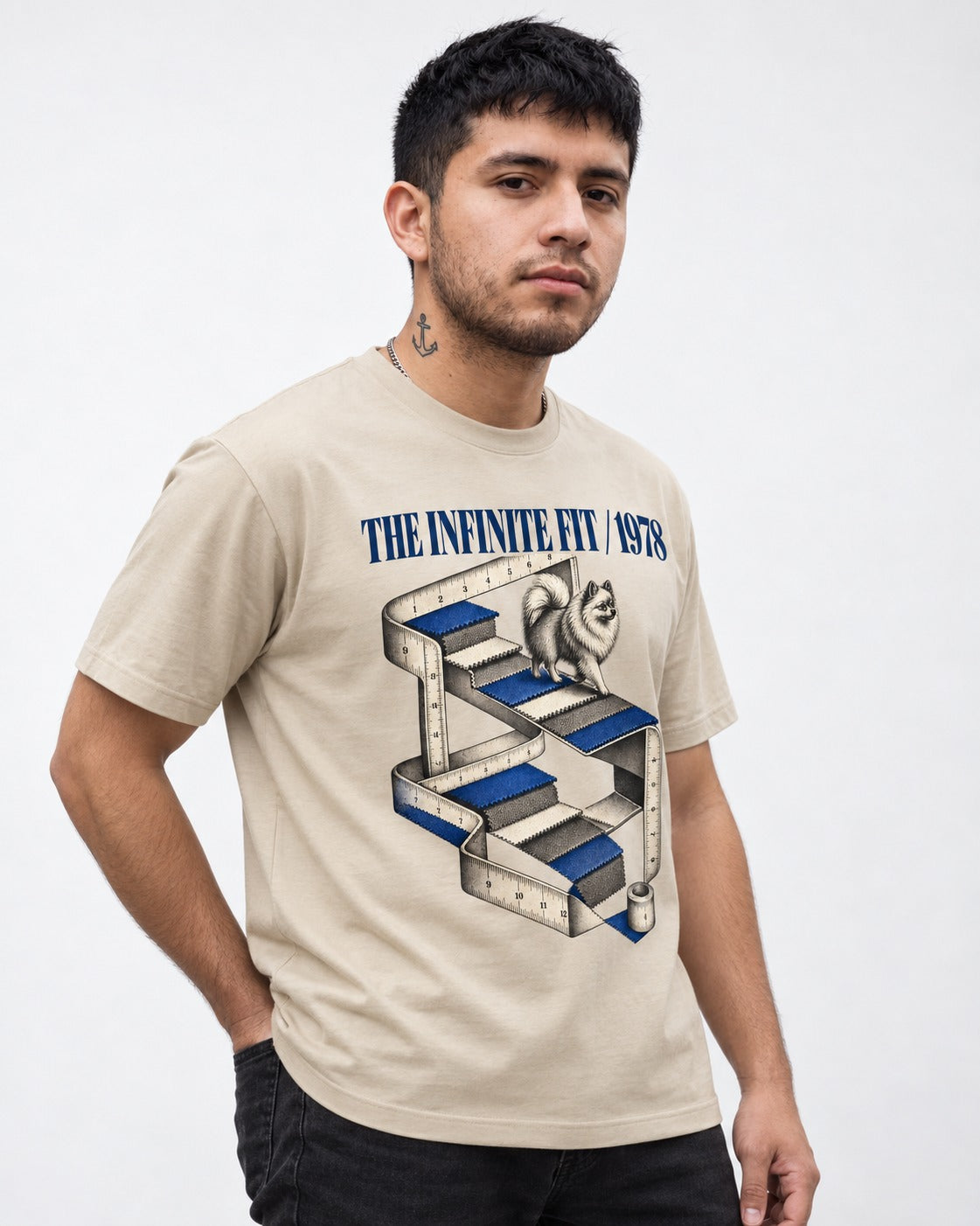 The Infinite Pomeranian Fit T-Shirt in Sand, worn by a model