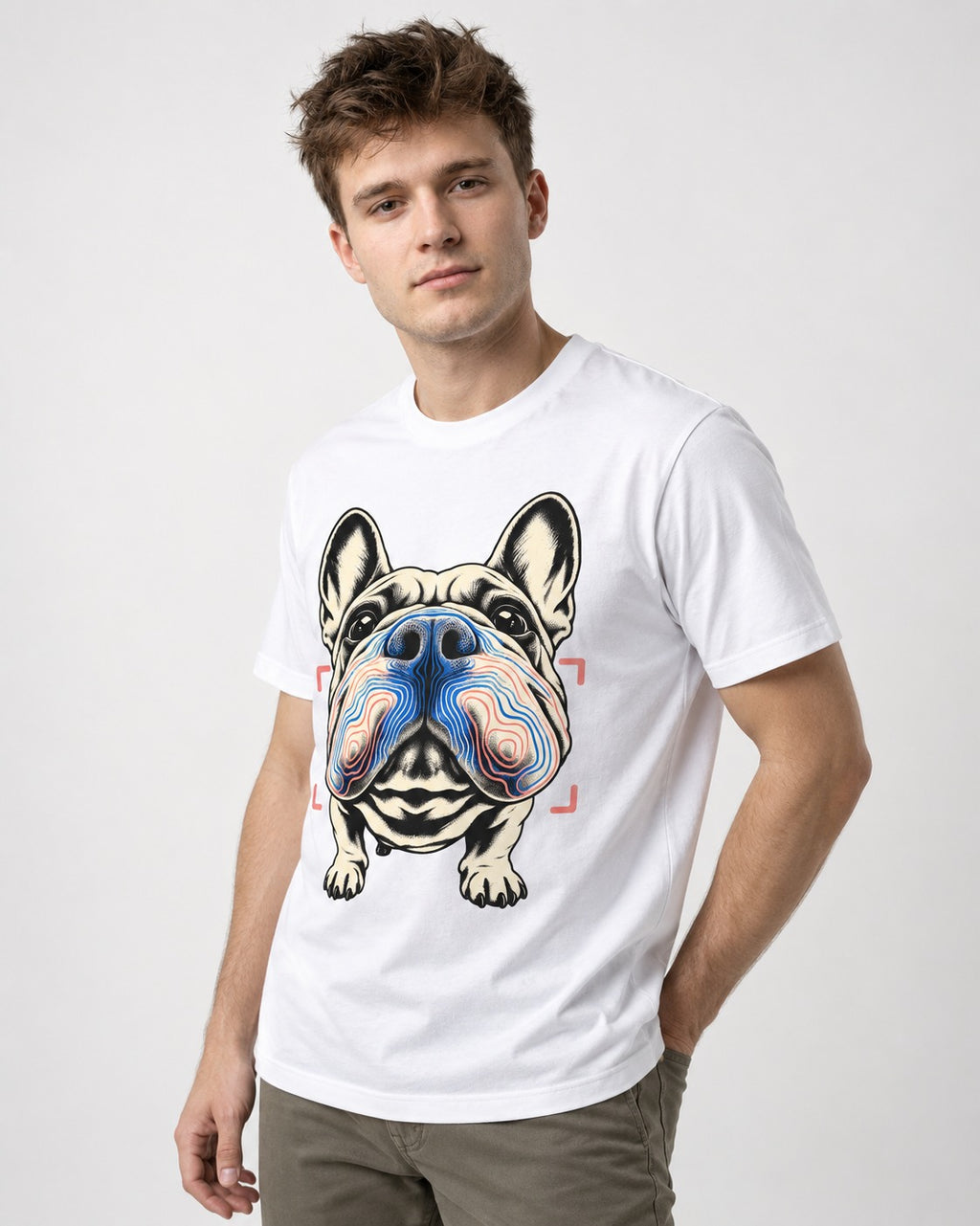 Frenchie Nose Topography Graphic T-Shirt in White, worn by a model