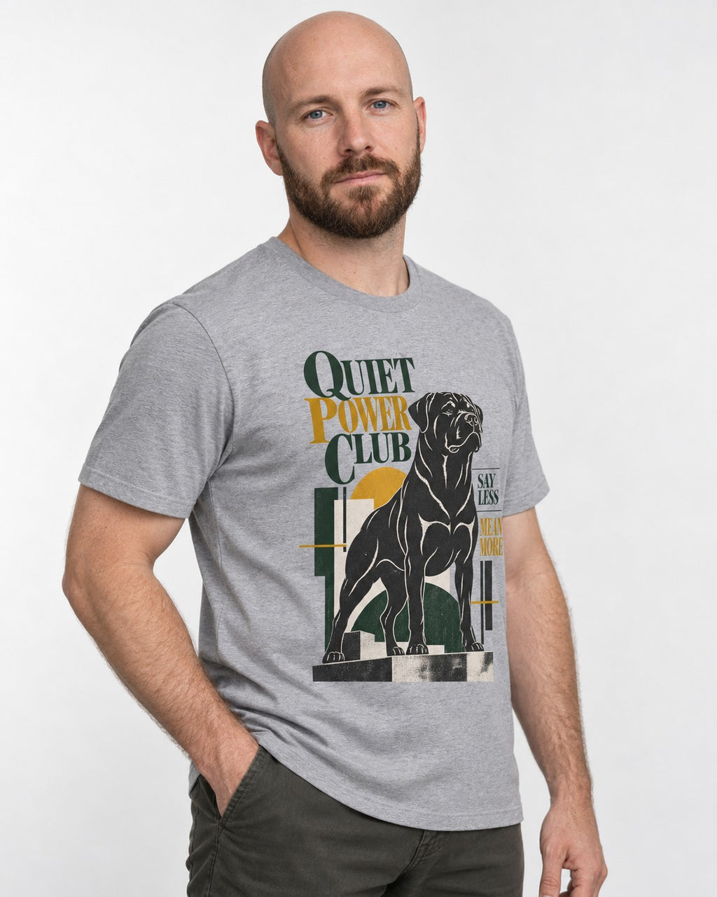 Rottweiler Quiet Power Club T-Shirt in Sport Grey, worn by a model