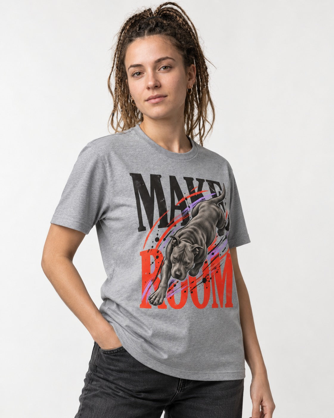 Make Room for Pitbull T-Shirt in Sport Grey, worn by a model