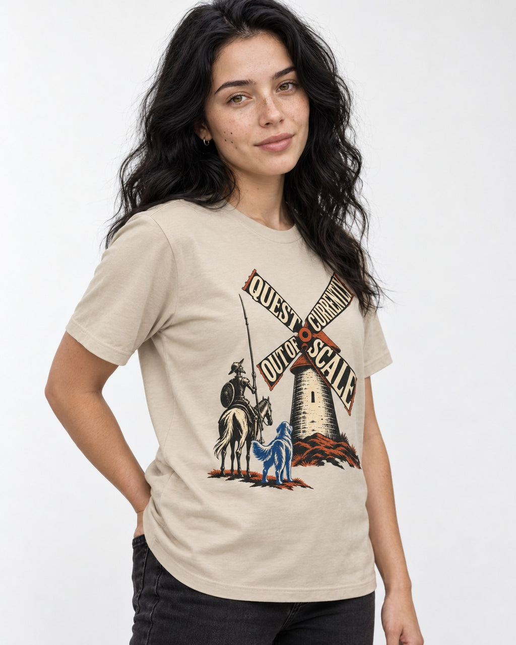 Golden Retriever Quest Out of Scale T-Shirt in Sand, worn by a model