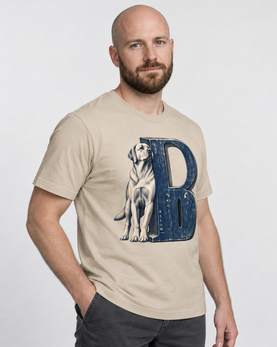 Labrador Retriever Below T-Shirt in Sand, worn by a model