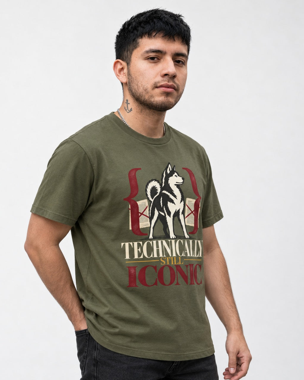 Husky Technically Still Iconic Editorial Frame Graphic T-Shirt in Heather Military Green, worn by a model