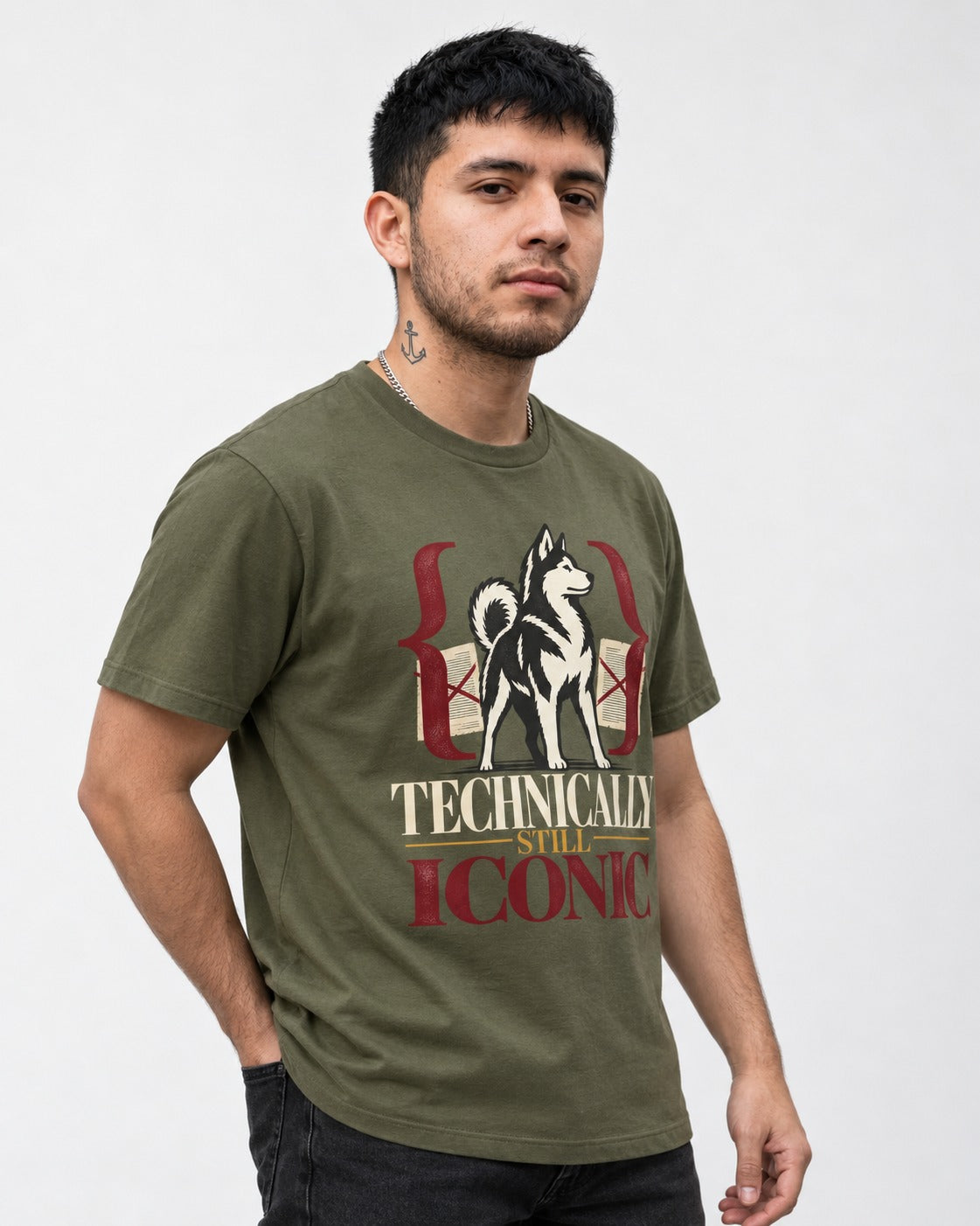 Husky Technically Still Iconic Editorial Frame Graphic T-Shirt in Heather Military Green, worn by a model