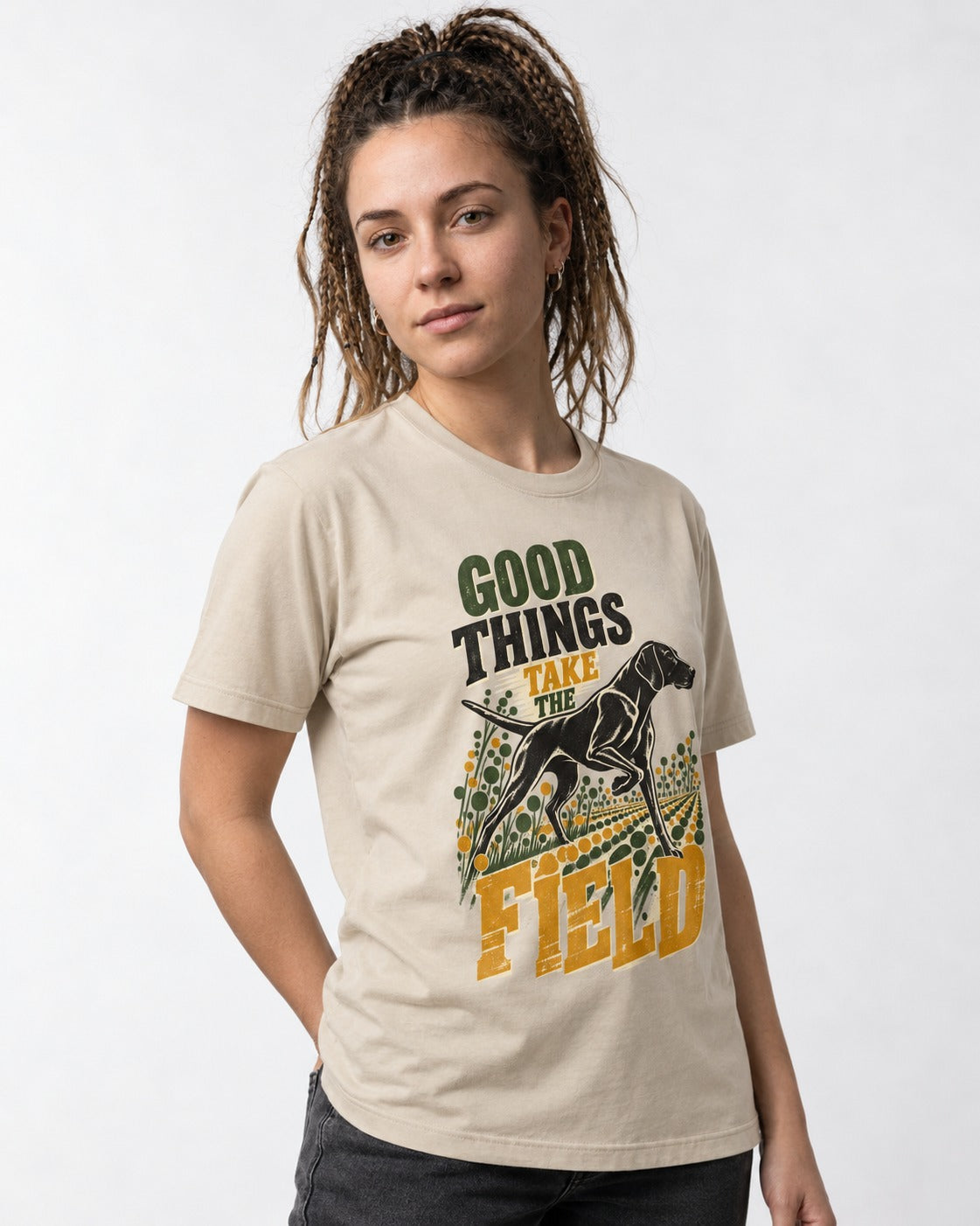 German Shorthaired Pointer Takes the Field T-Shirt in Sand, worn by a model