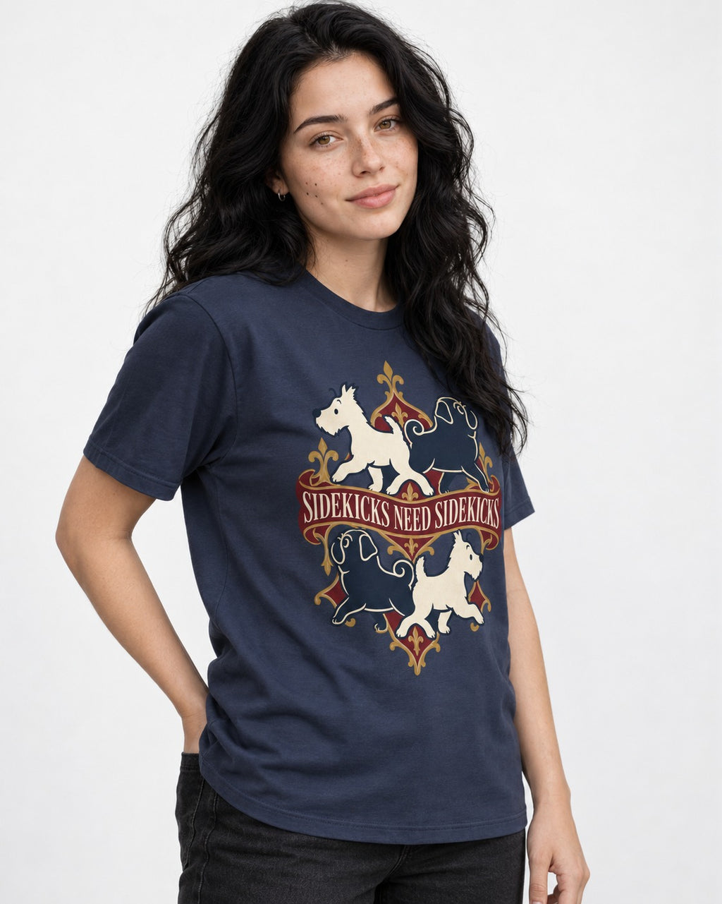 Pug Sidekicks Need Sidekicks Heraldic Graphic T-Shirt in Navy, worn by a model