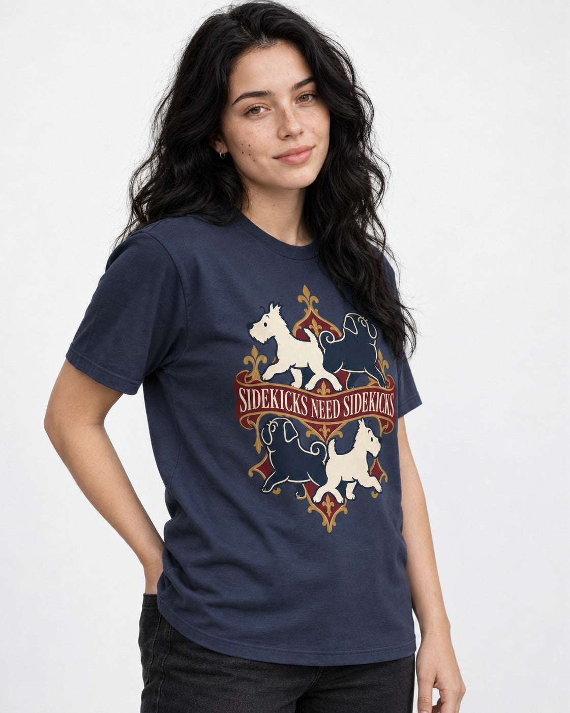 Pug Sidekicks Need Sidekicks Heraldic Graphic T-Shirt in Navy, worn by a model