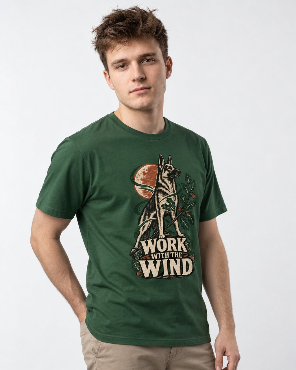 Work With The Wind Botanical Woodcut German Shepherd Dog Graphic T-Shirt in Forest Green, worn by a model