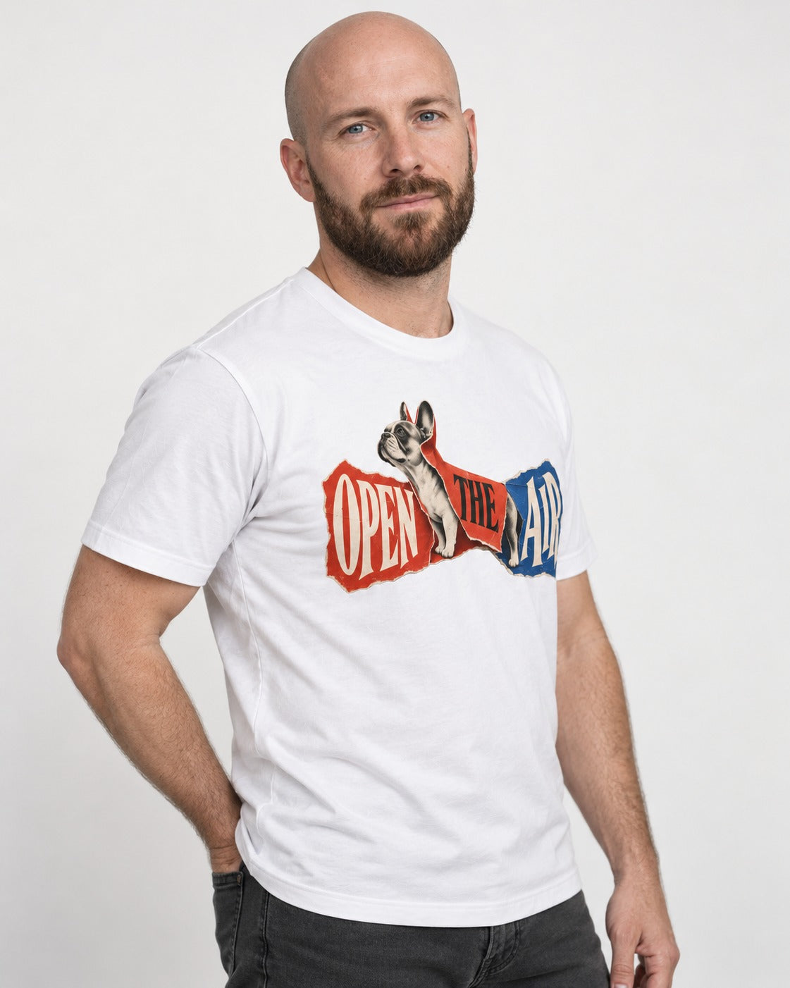 Frenchie Open the Air Torn Poster Graphic T-Shirt in White, worn by a model