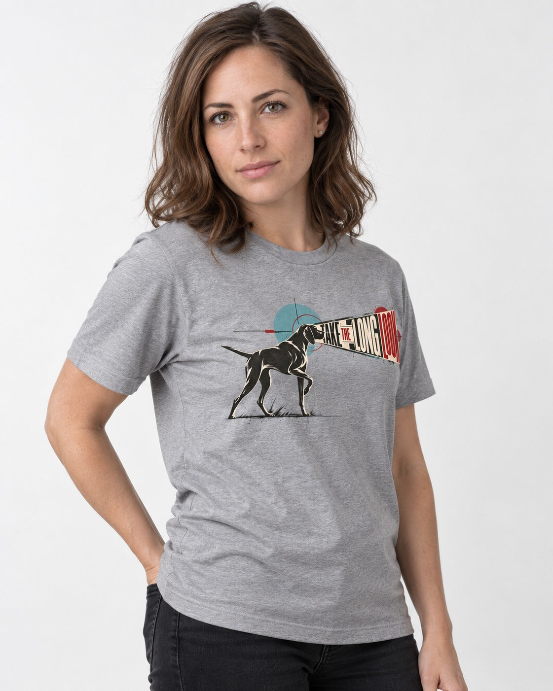 German Shorthaired Pointer Take the Long Look T-Shirt in Sport Grey, worn by a model