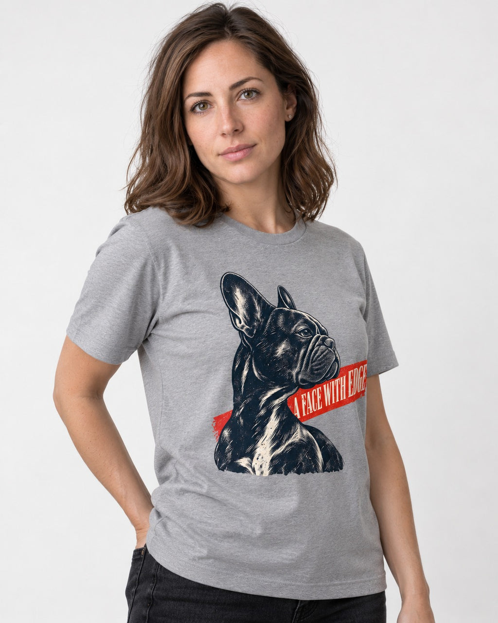 Frenchie Face with Edge T-Shirt in Sport Grey, worn by a model