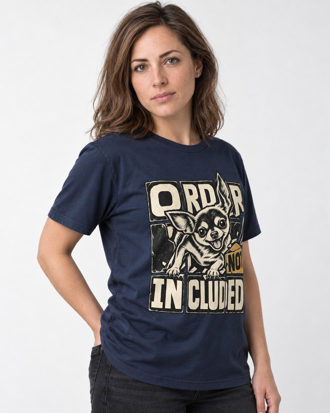 Chihuahua Order Not Included Broken Grid Graphic T-Shirt in Navy, worn by a model