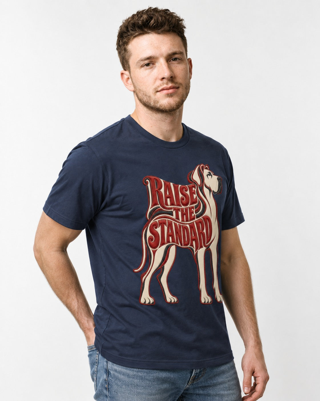 Great Dane Raise the Standard Typography Graphic T-Shirt in Navy, worn by a model