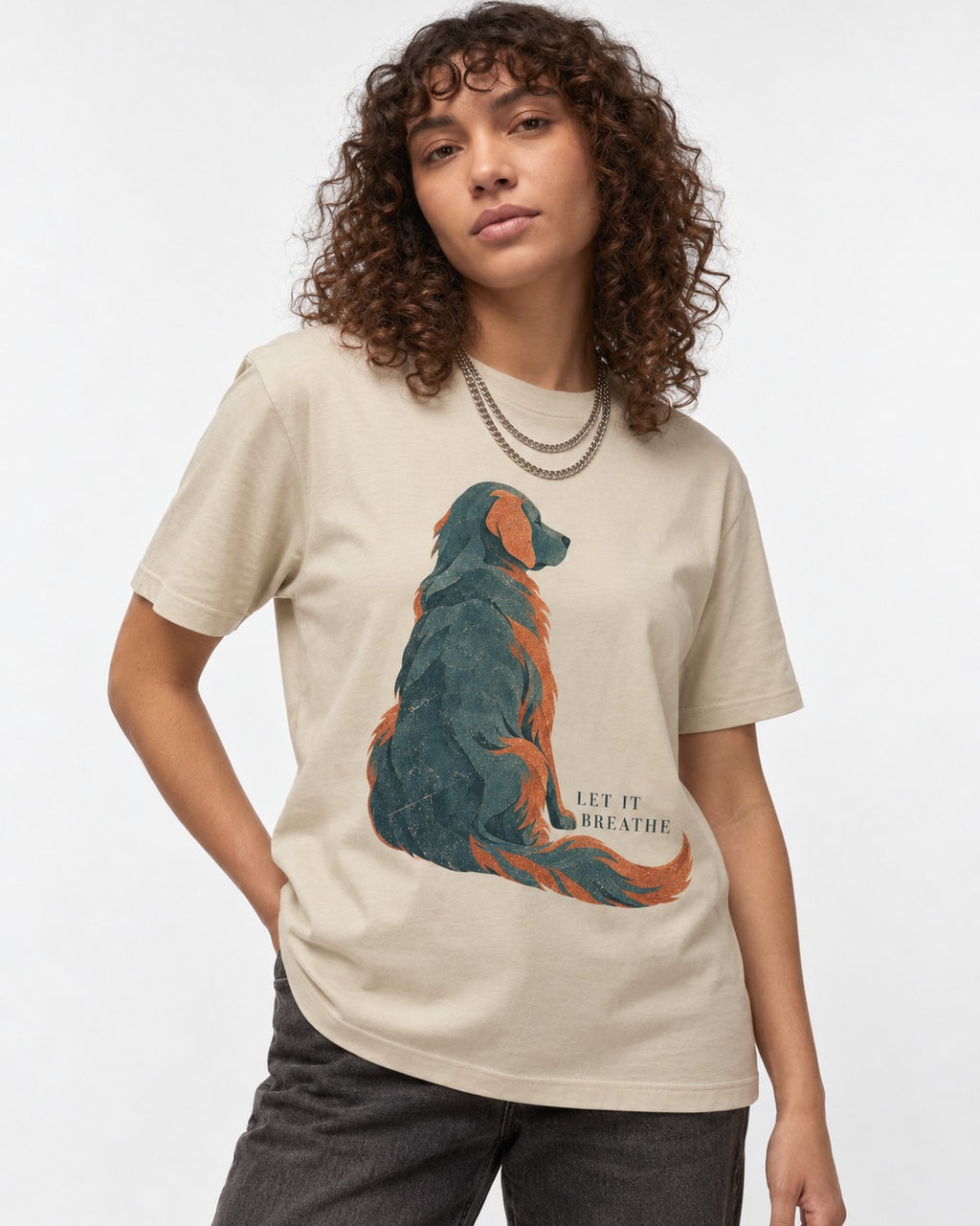 Let It Breathe Golden Retriever T-Shirt in Sand, worn by a model