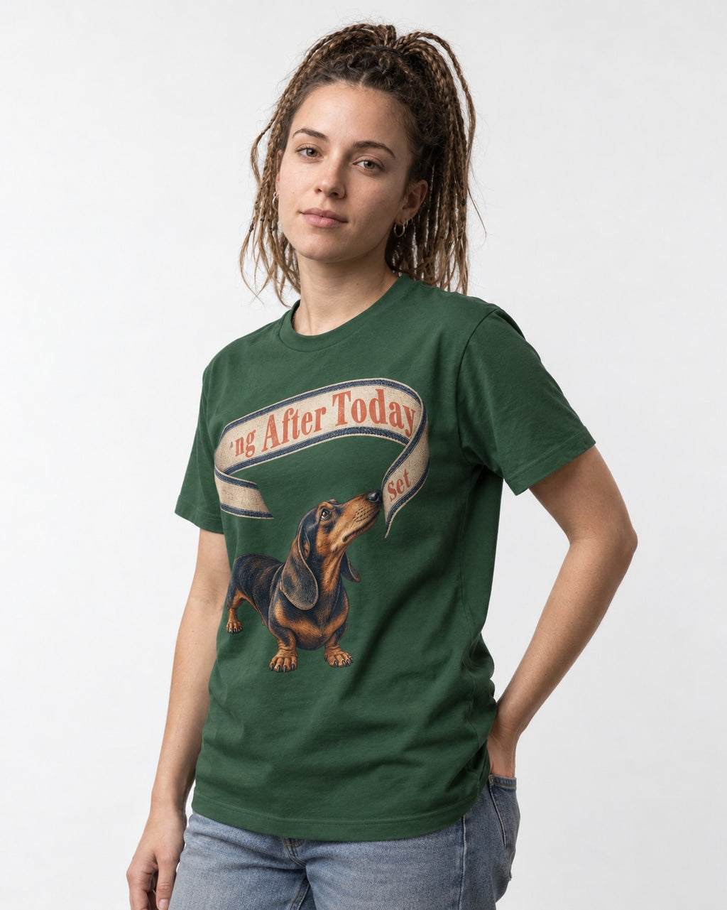 Dachshund ng After Today Set Ribbon Graphic T-Shirt in Forest Green, worn by a model