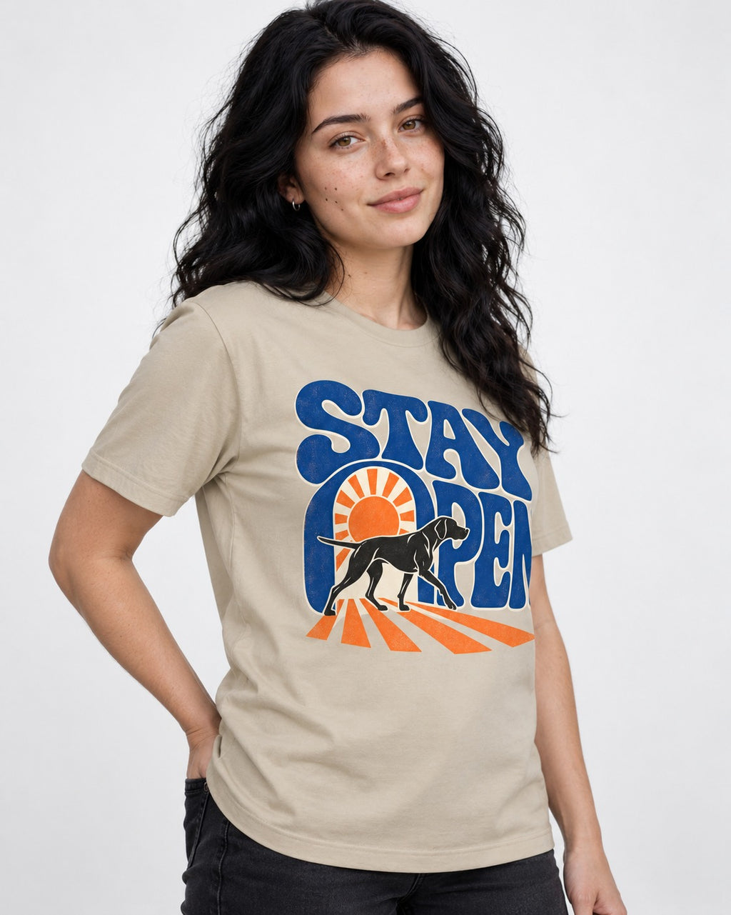 Stay Open German Shorthaired Pointer T-Shirt in Sand, worn by a model