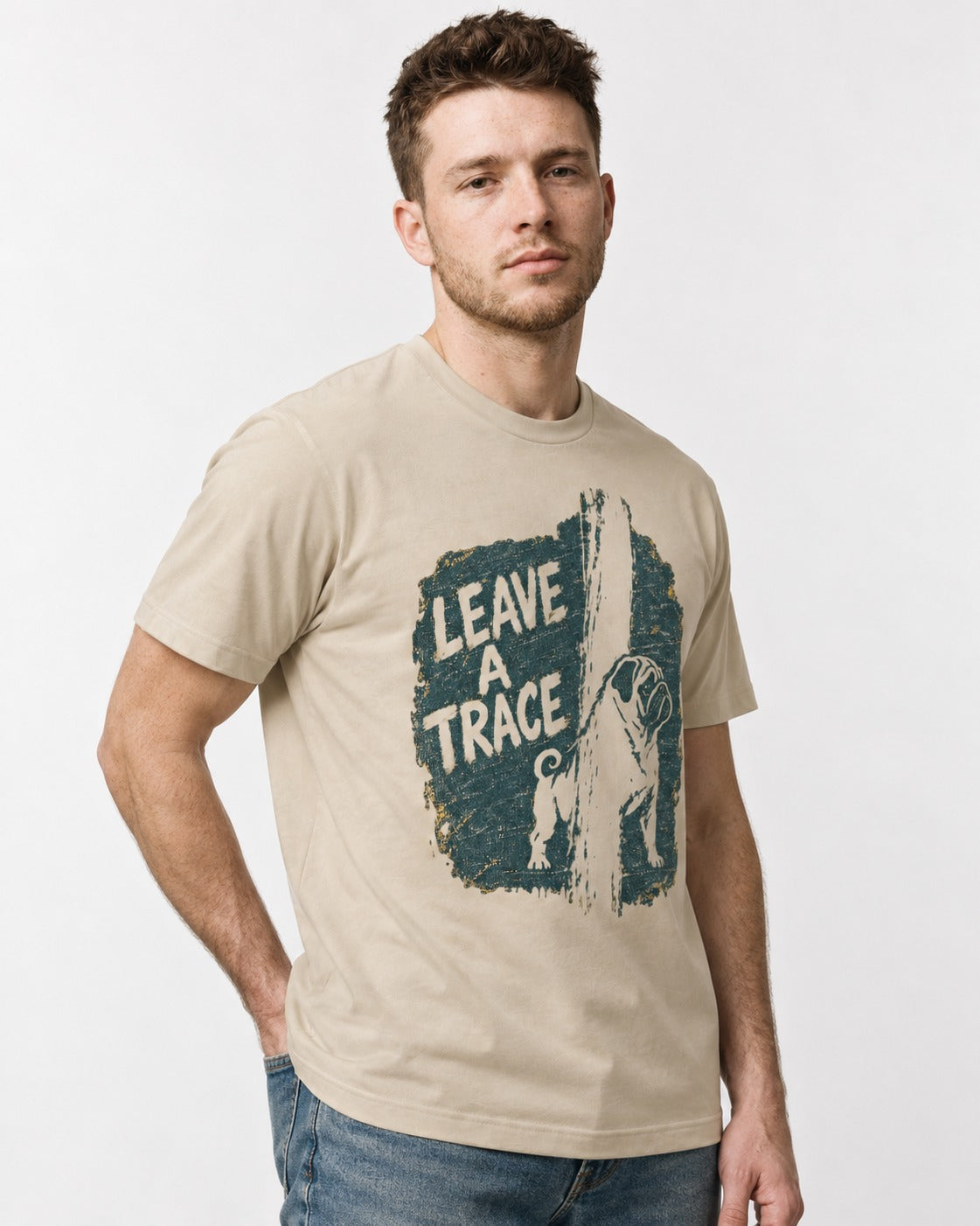 Pug Leaves a Trace T-Shirt in Sand, worn by a model